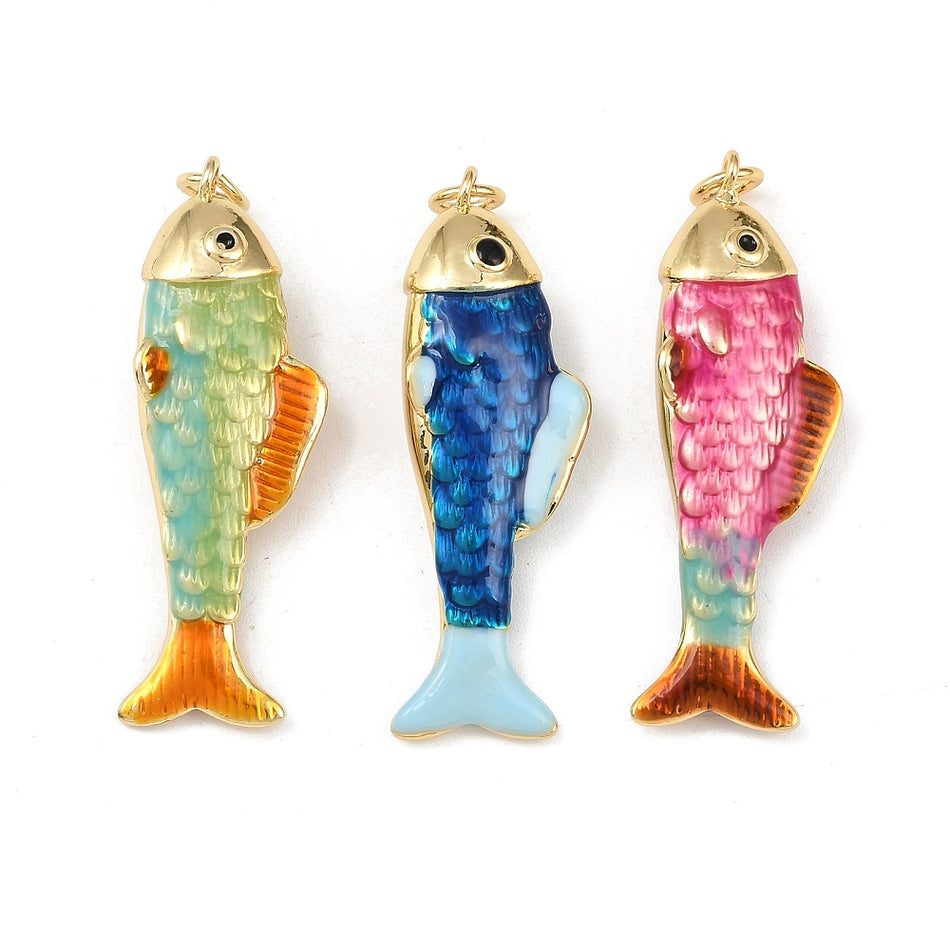 18k Gold-Plated Mixed Color Enamel Fish Pendant 38mm, 1pc