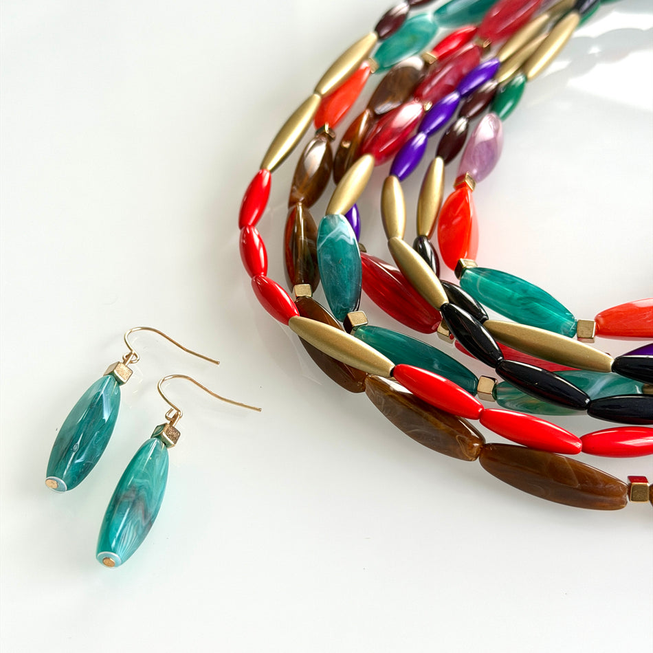 Statement Necklace featuring Multicolor Oval Thin Resin Beads and Earrings, 21inch