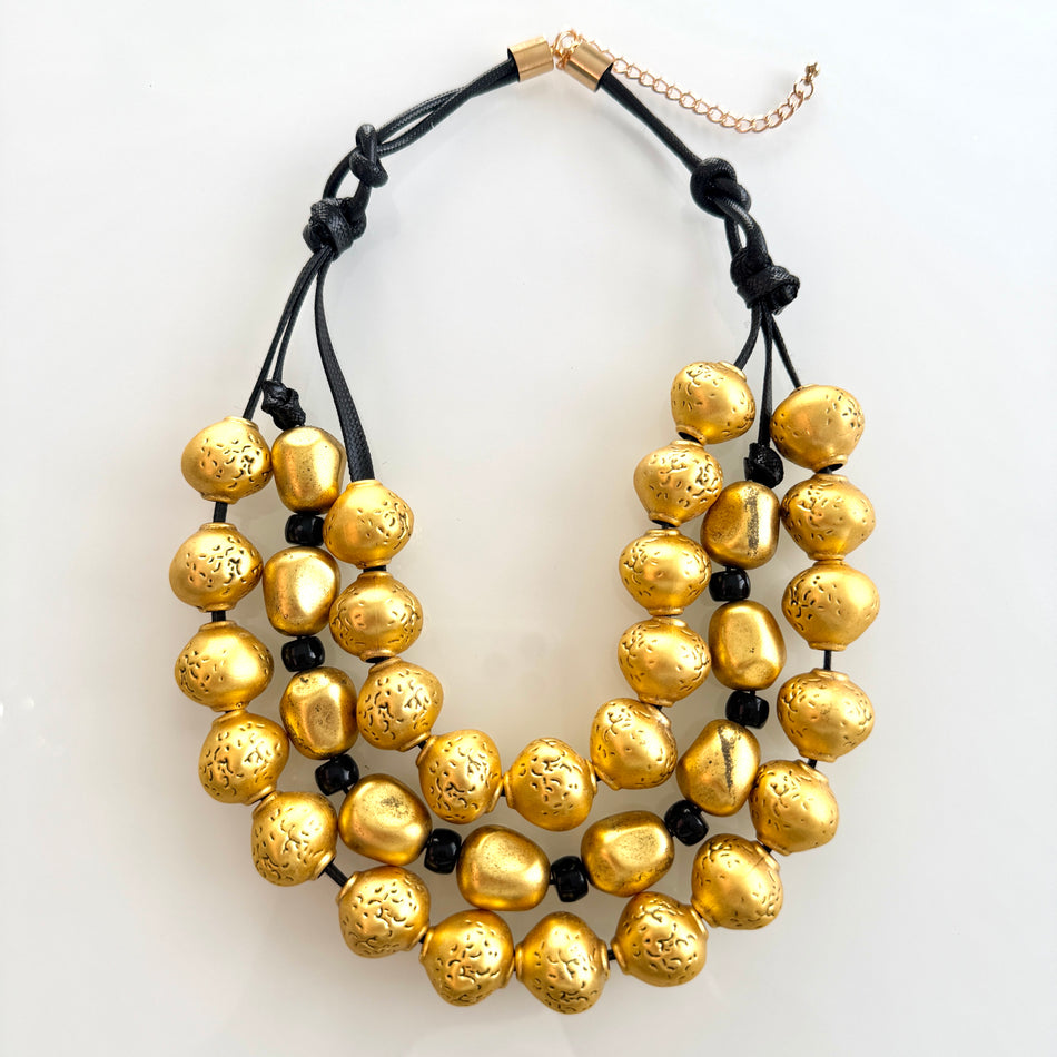 Statement Necklace featuring Gold Textured Beads and Black Cord, 23inch