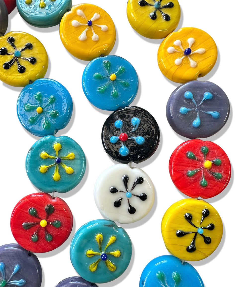 Multicolor Flower Coin Bead Lampwork 30mm, 1pc