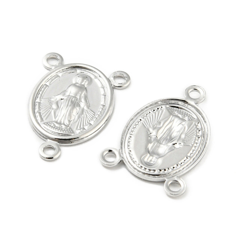 18k Silver-Plated Oval Rosary Center with Virgin Mary 16mm, 1pc