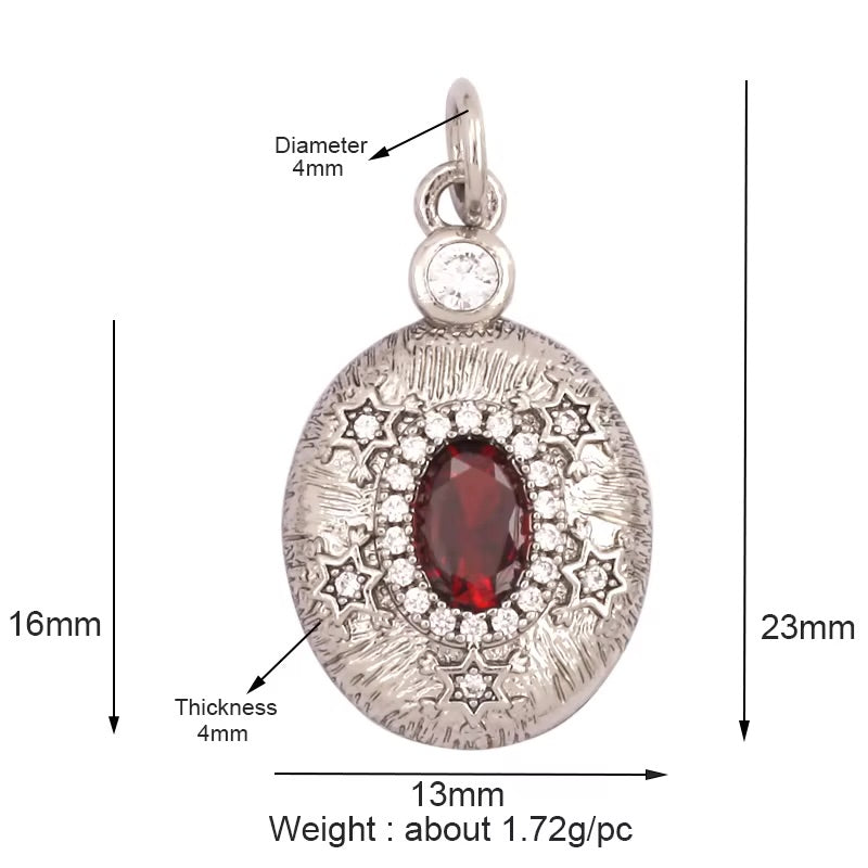 18k Silver Plated Oval Pendant With Red Zirconia 23mm, 1pc