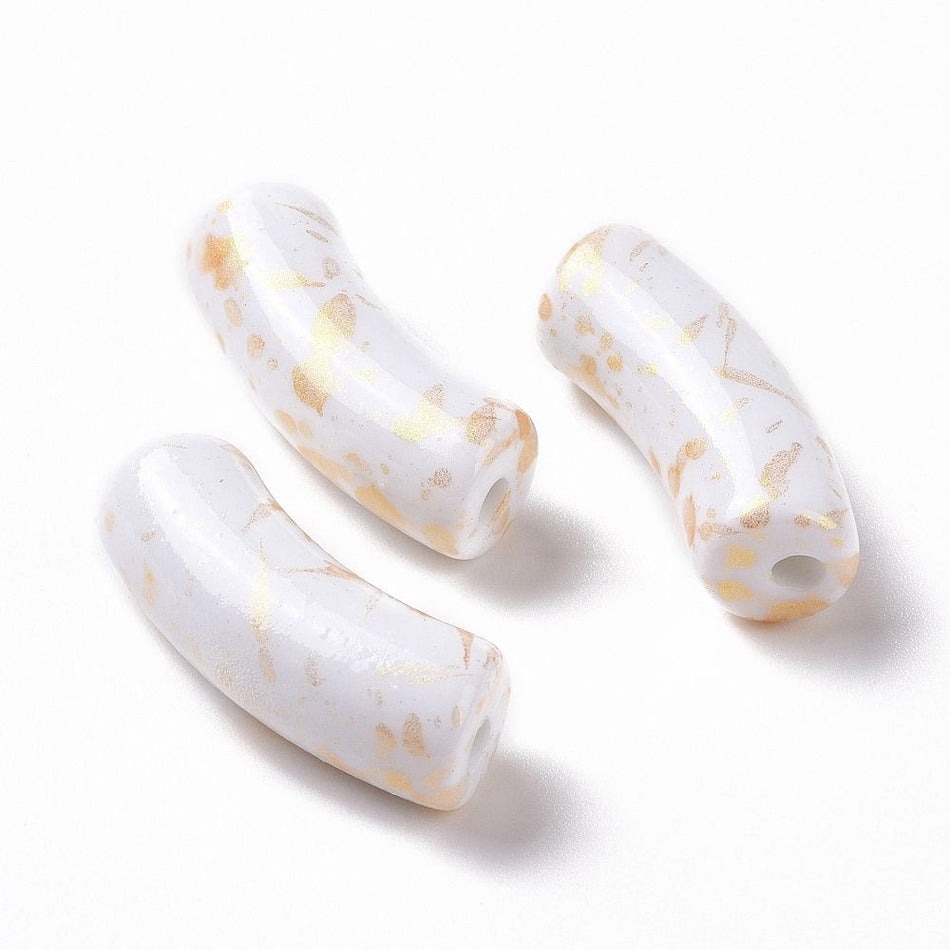 Curved Tube with Gold Flakes Acrylic Beads 34x11mm, 10pcs