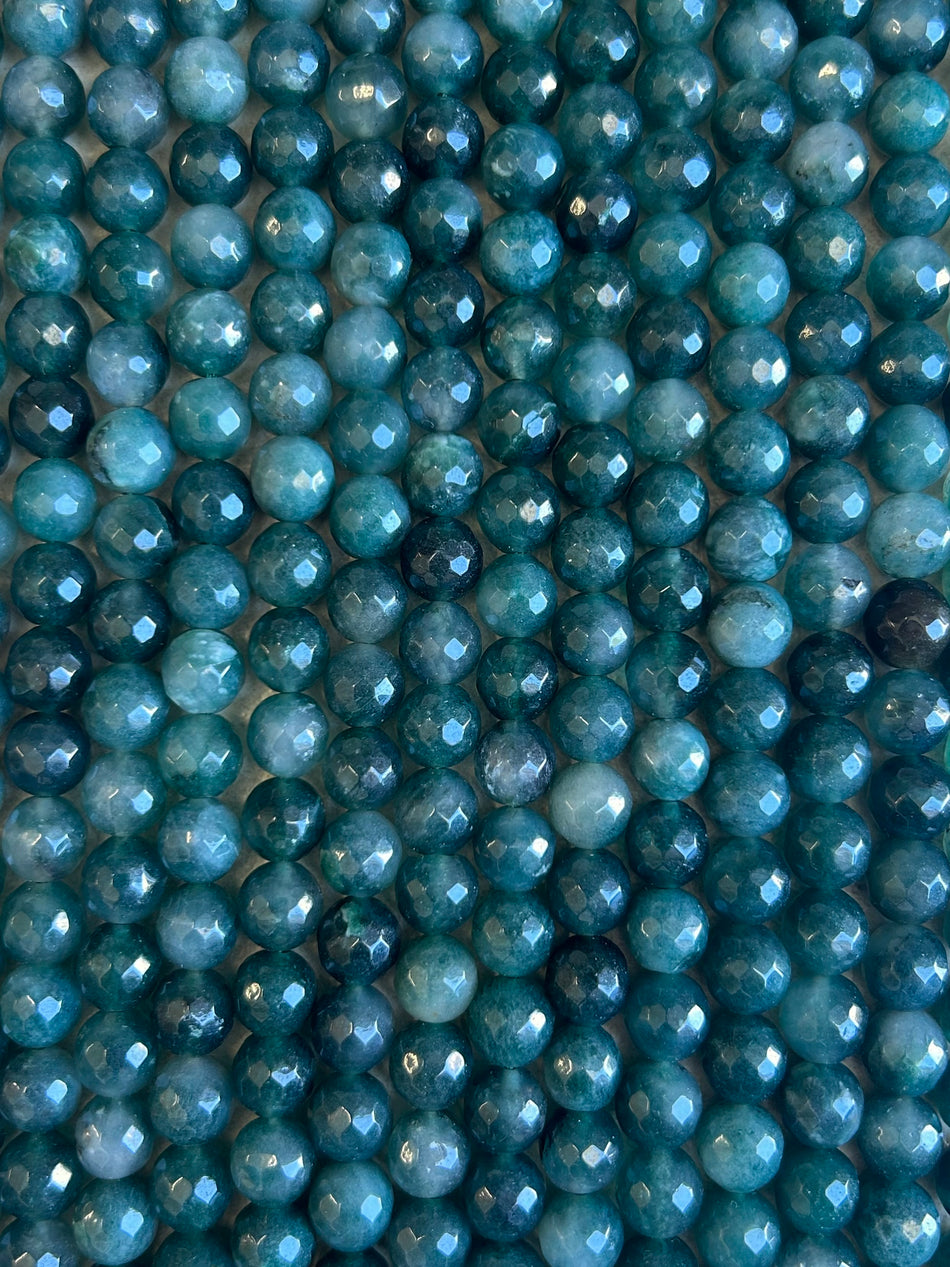 Dark Teal Faceted Round Jade Bead Strand, 10mm