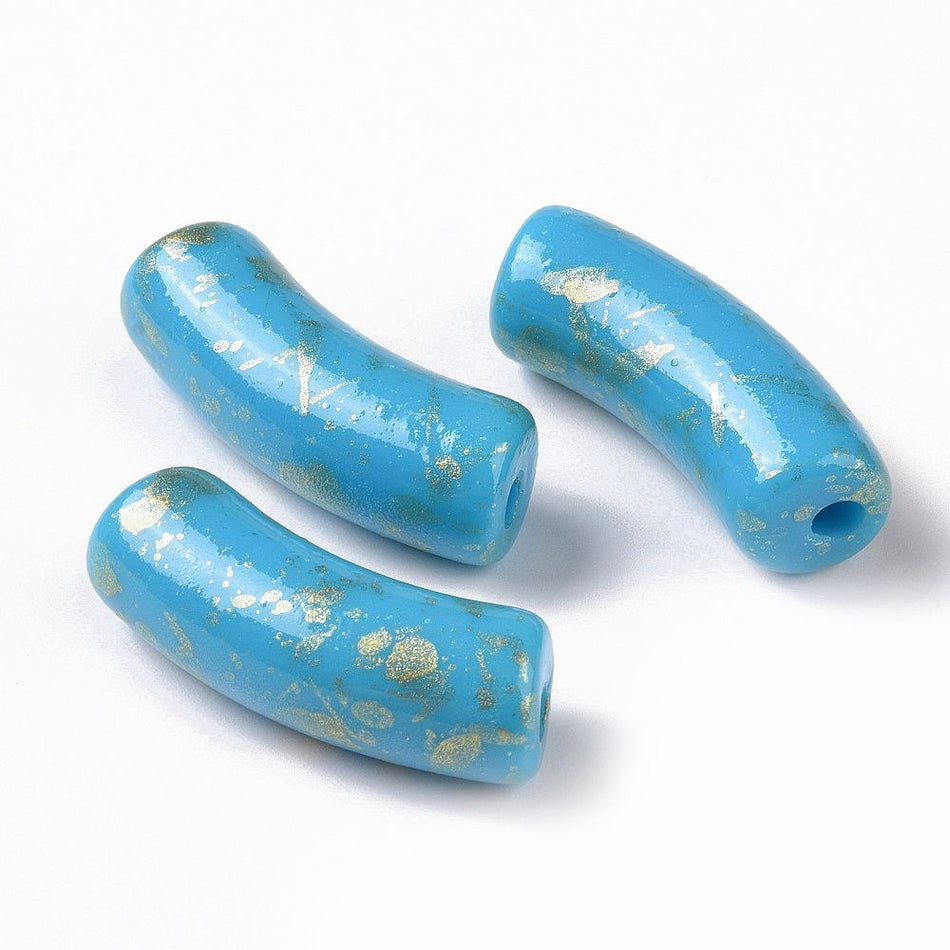 Curved Tube with Gold Flakes Acrylic Beads 34x11mm, 10pcs