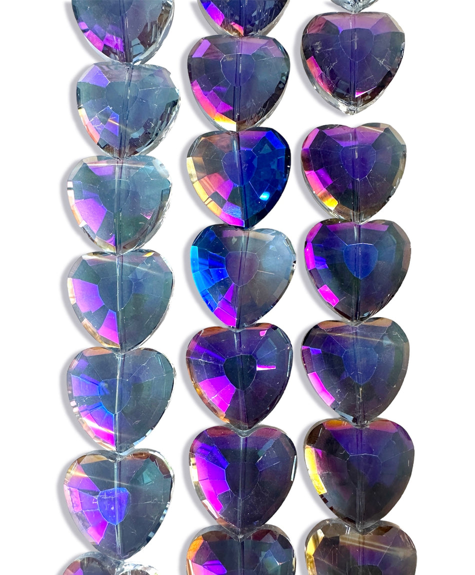 Faceted Tornasol Heart Bead Crystal Strand, 35mm