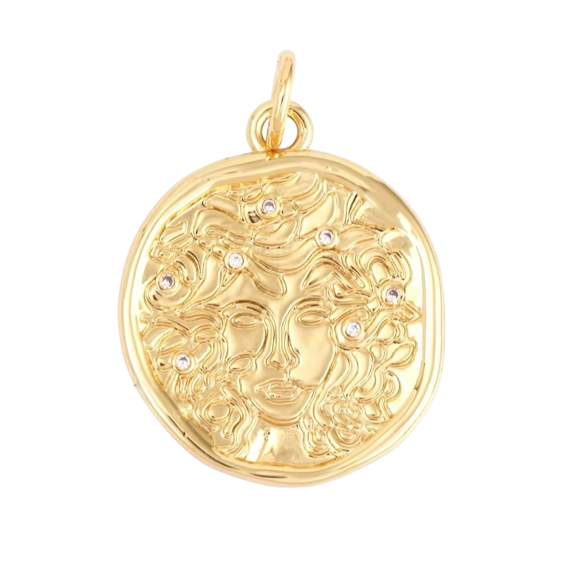 18k Gold Medallion Pendant With Zirconia 33mm, 1pc