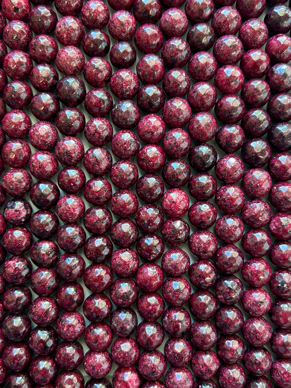 Faceted Dark Magenta Round Jade Bead Strand, 10mm