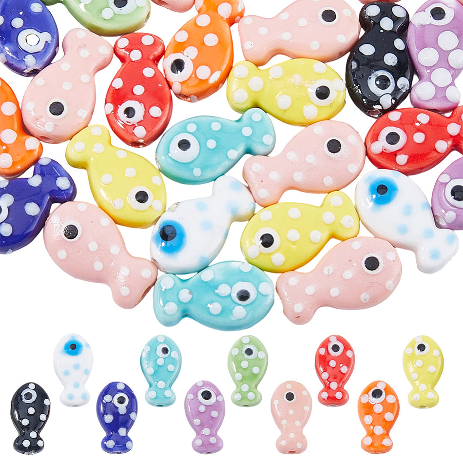 Mixed Color Porcelain Polka Dot Fish Beads 10mm, 5pcs