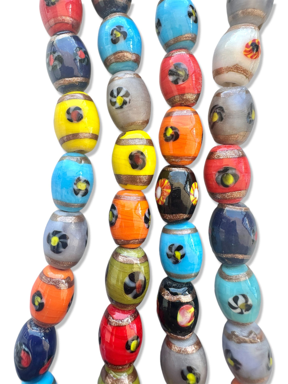 Multicolor With Gold Detail Barrel Lampwork Bead Strand, 18mm