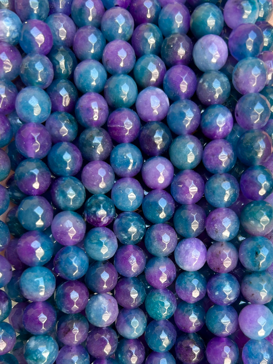 Teal and Purple Faceted Round Jade Bead Strand, 10mm