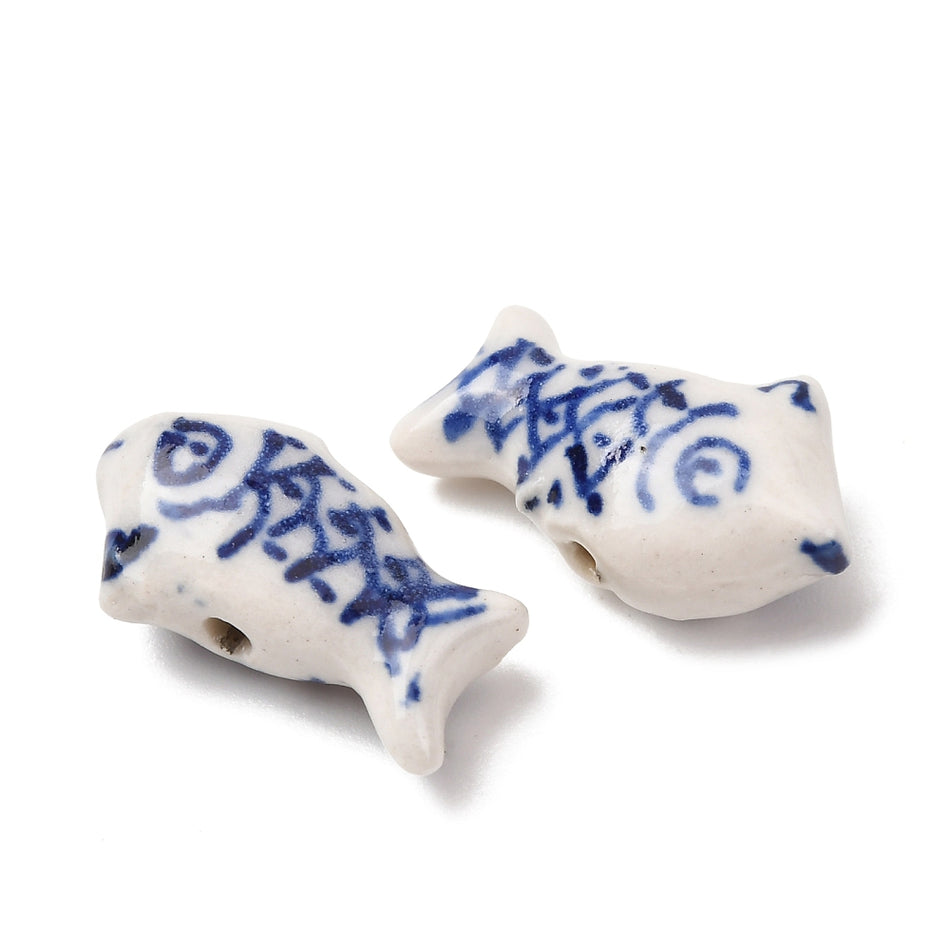 Ceramic White & Blue Fish Beads 20mm, 4pcs