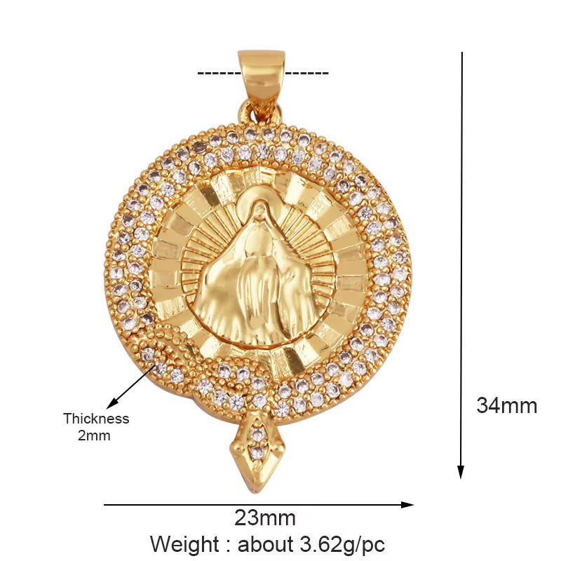 18k Gold Oval Virgin Pendant with Zirconia 34mm, 1pc