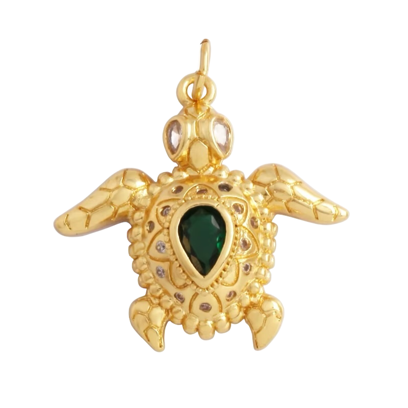 18k Gold Plated Turtle Pendant With Green Zirconia 20mm, 1pc