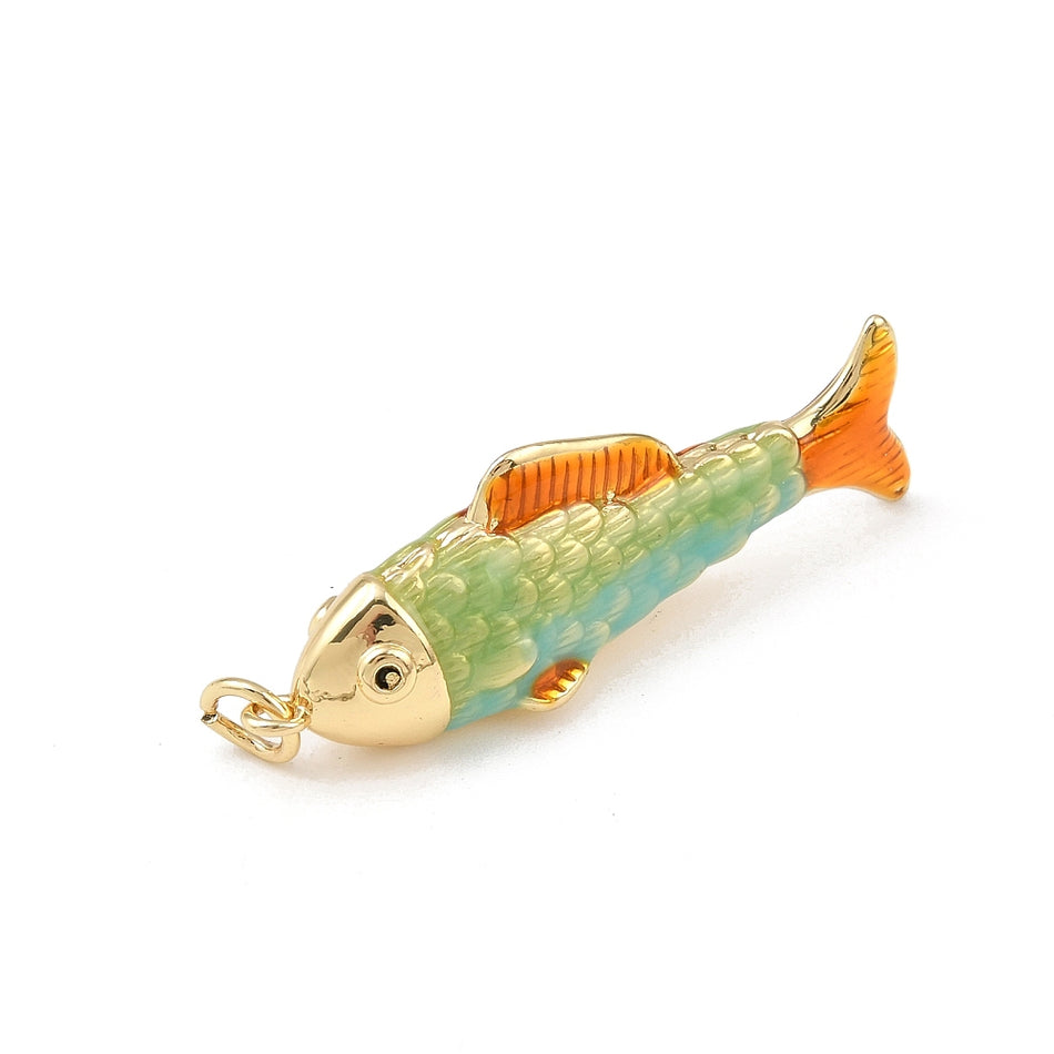 18k Gold-Plated Mixed Color Enamel Fish Pendant 38mm, 1pc