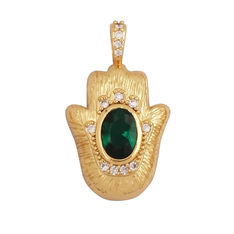 18k Gold Plated Hamsa Pendant With Green Zirconia 24mm, 1pc