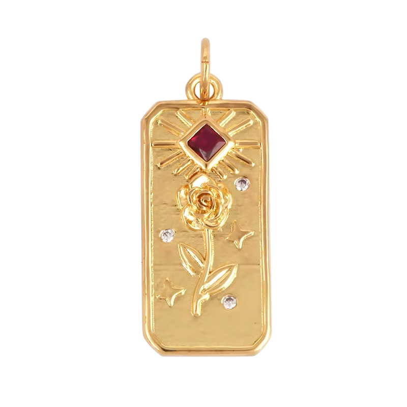 18k Gold Rectangular Flower Pendant with Magenta Zirconia 27mm, 1pc