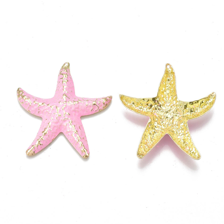 Golden Iron Pink Starfish Pendant 50mm, 3pcs