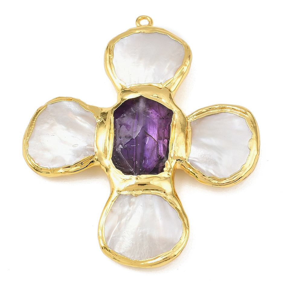 Natural Amethyst & Shell Pearl Cross Pendant 62mm, 1pc