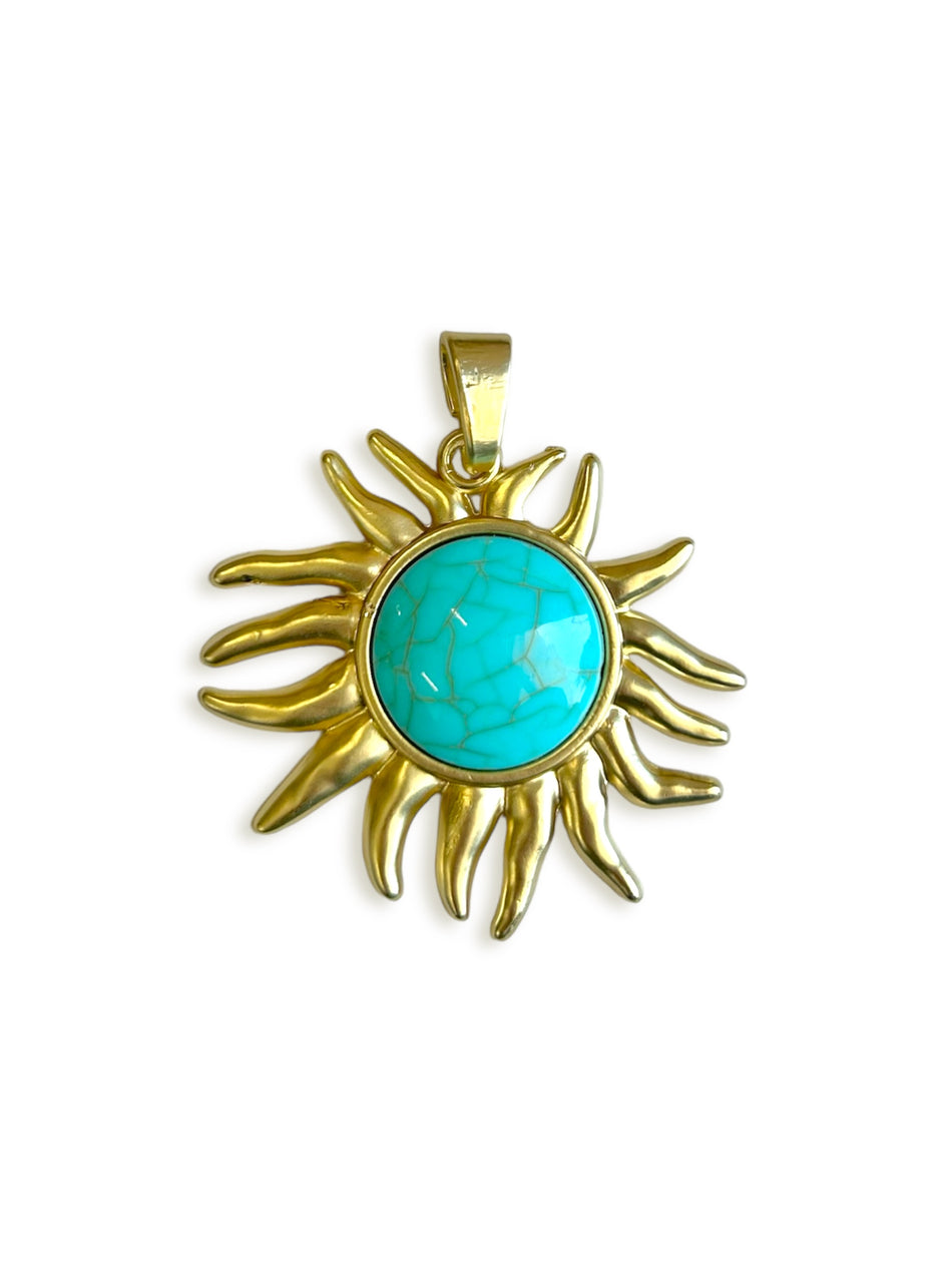 Turquoise Gold Filled Matte Sun Pendant, 1pc