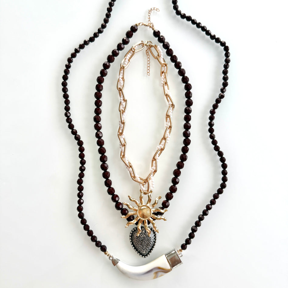 Triple-Layer Necklace featuring Resin Beads and Gold Chain With Pendants,