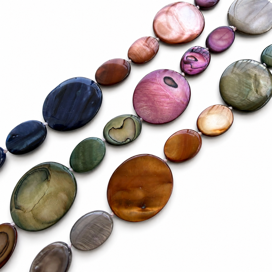 Multicolor Flat-Oval Natural Freshwater Pearl 30mm, 56 inch Strand