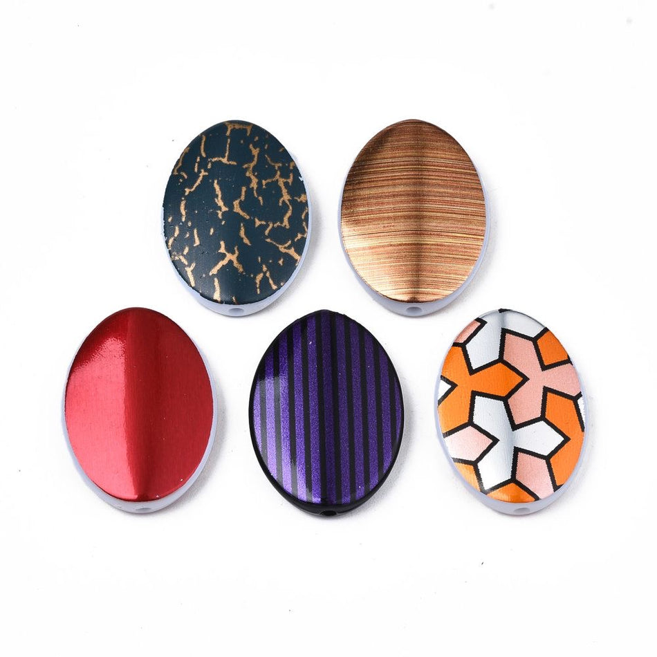 Mixed Color Flat Oval Printed Acrylic Beads 29mm, 10pcs