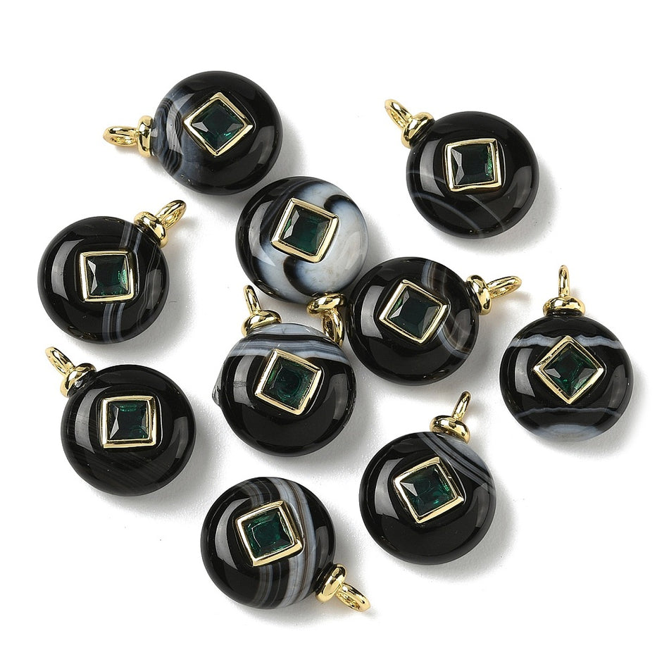 Natural Round Black Agate with Zirconia Pendant 18mm, 1pc