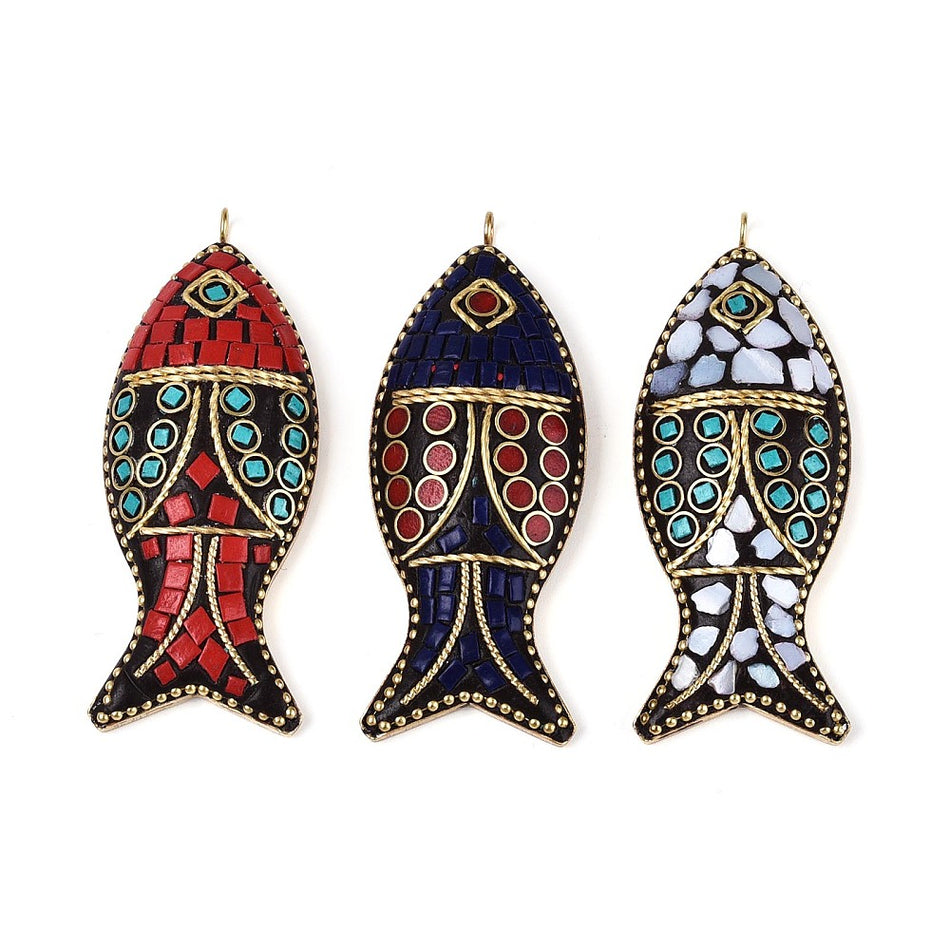 Gold-Plated Indonesian Mosaic Fish Pendant 64mm, 1pc