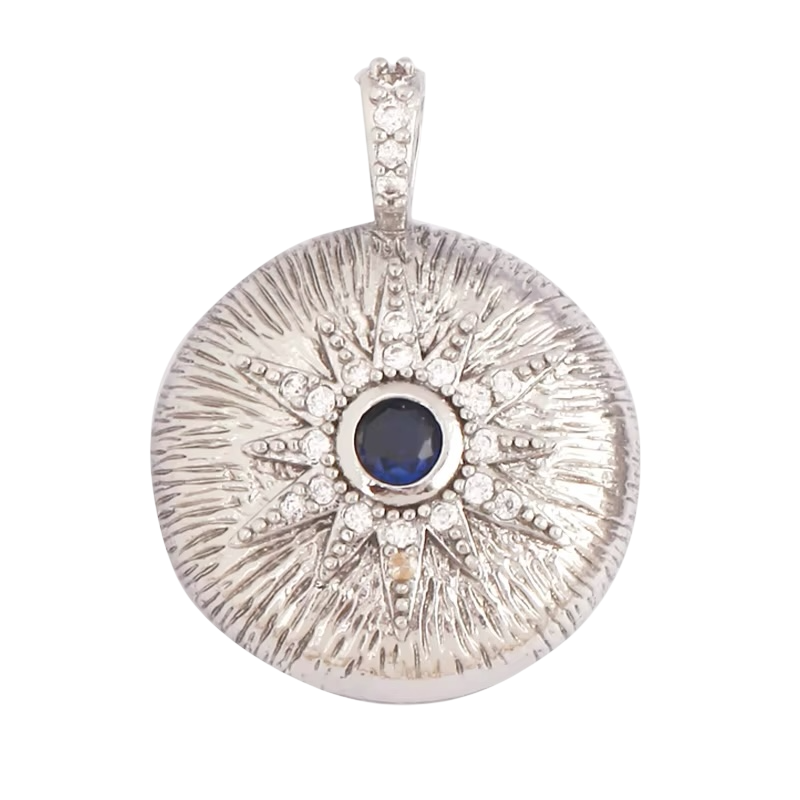 18k Silver Plated Flat Round Pendant With Blue Zirconia 22mm, 1pc