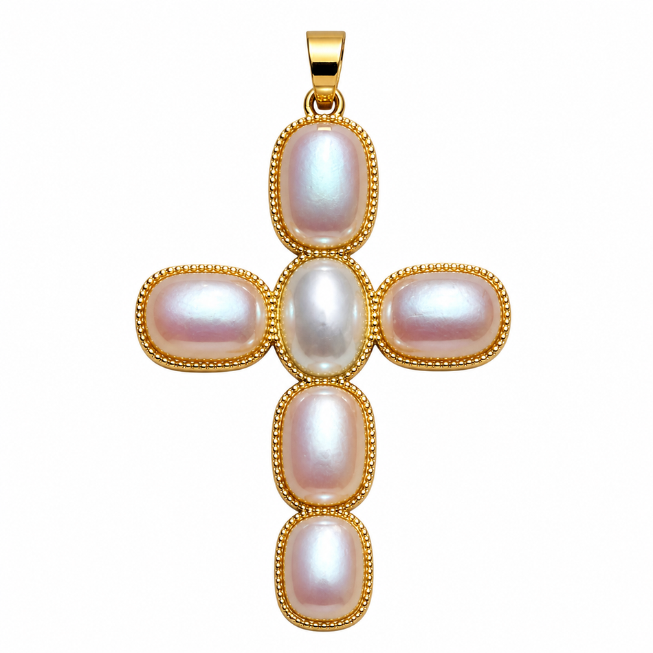 Gold-Filled Pearlized Cross Pendant 58mm, 1pc