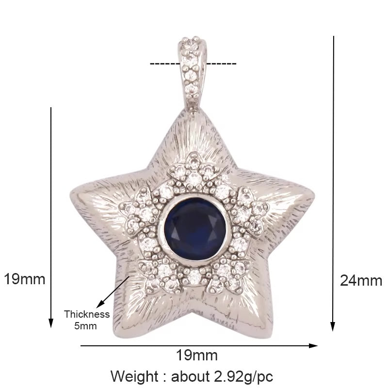 18k Silver Plated Star Pendant With Blue Zirconia 24mm, 1pc