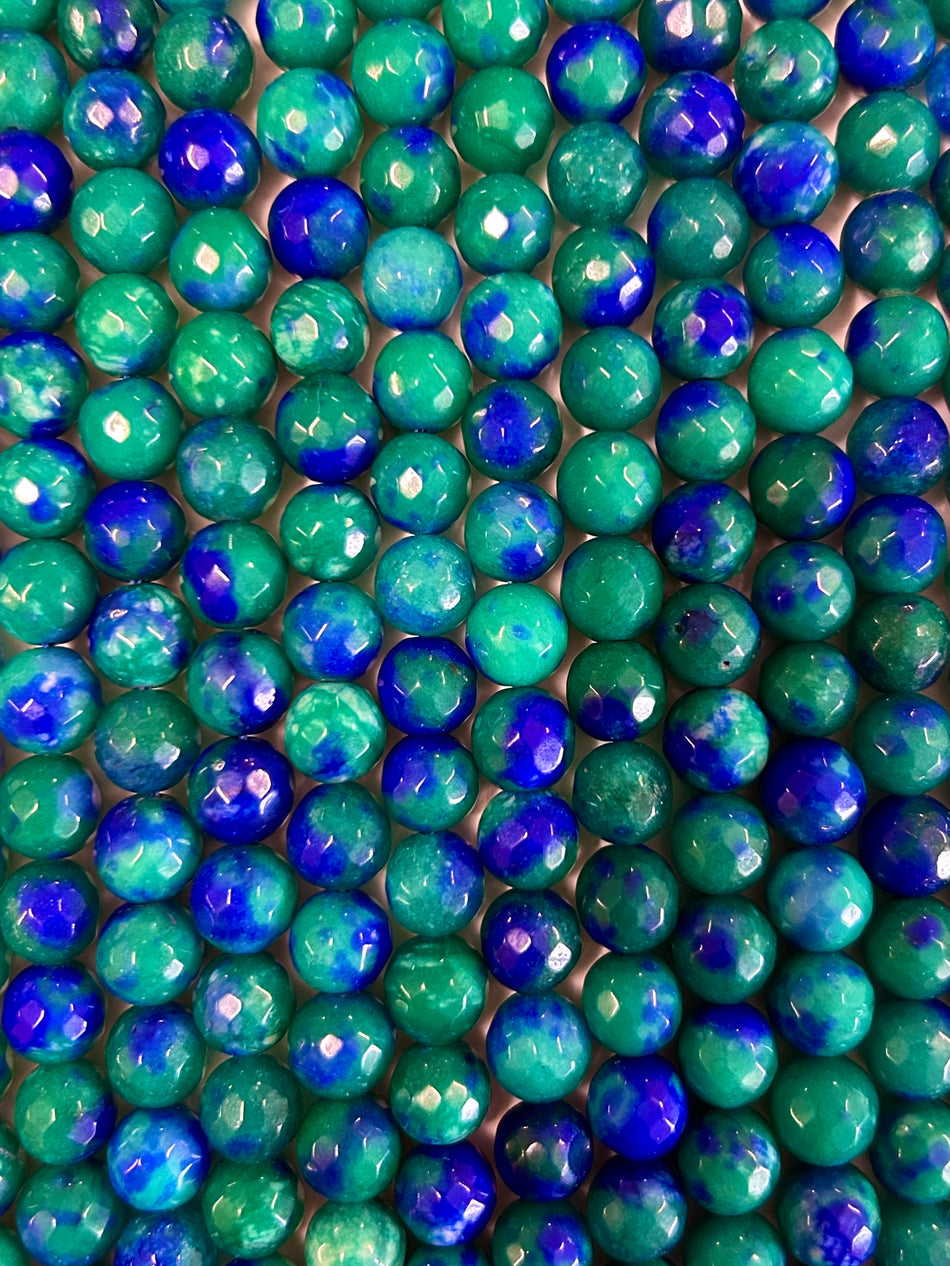 Faceted Green and Blue Round Jade Bead Strand, 10mm