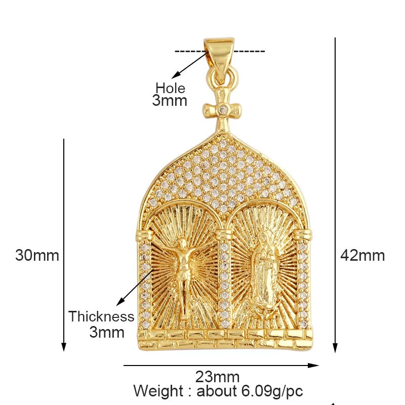 18k Gold Church Pendant with Zirconia 42mm, 1pc