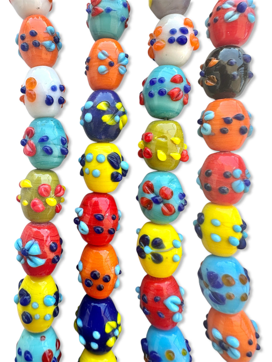 Multicolor Flower Barrel Lampwork Bead Strand, 18mm