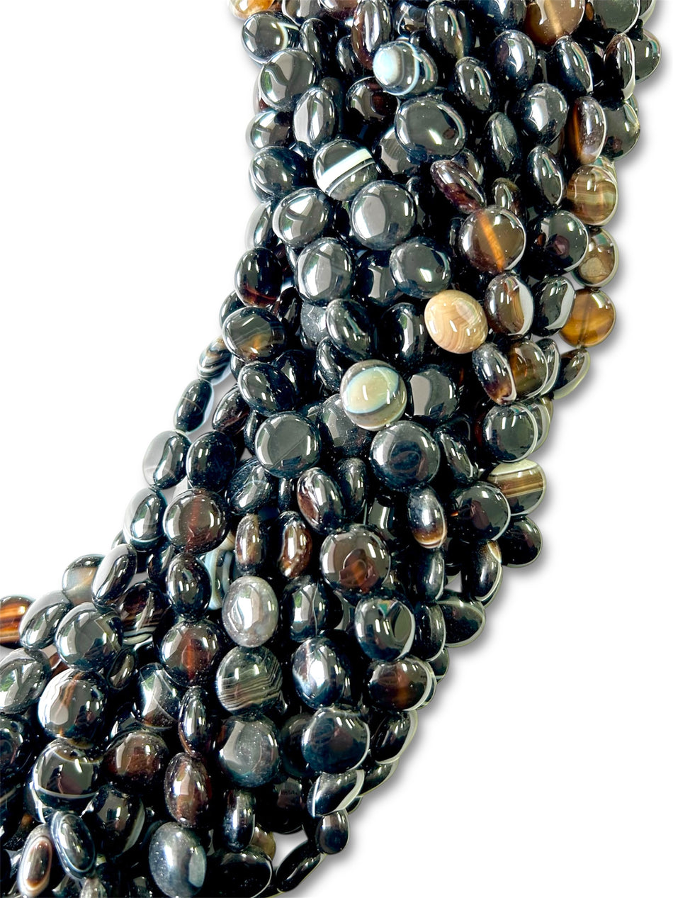 Black Coin Magadascar Agate Bead Strand, 10mm