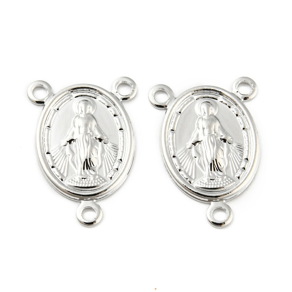 18k Silver-Plated Oval Rosary Center with Virgin Mary 16mm, 1pc