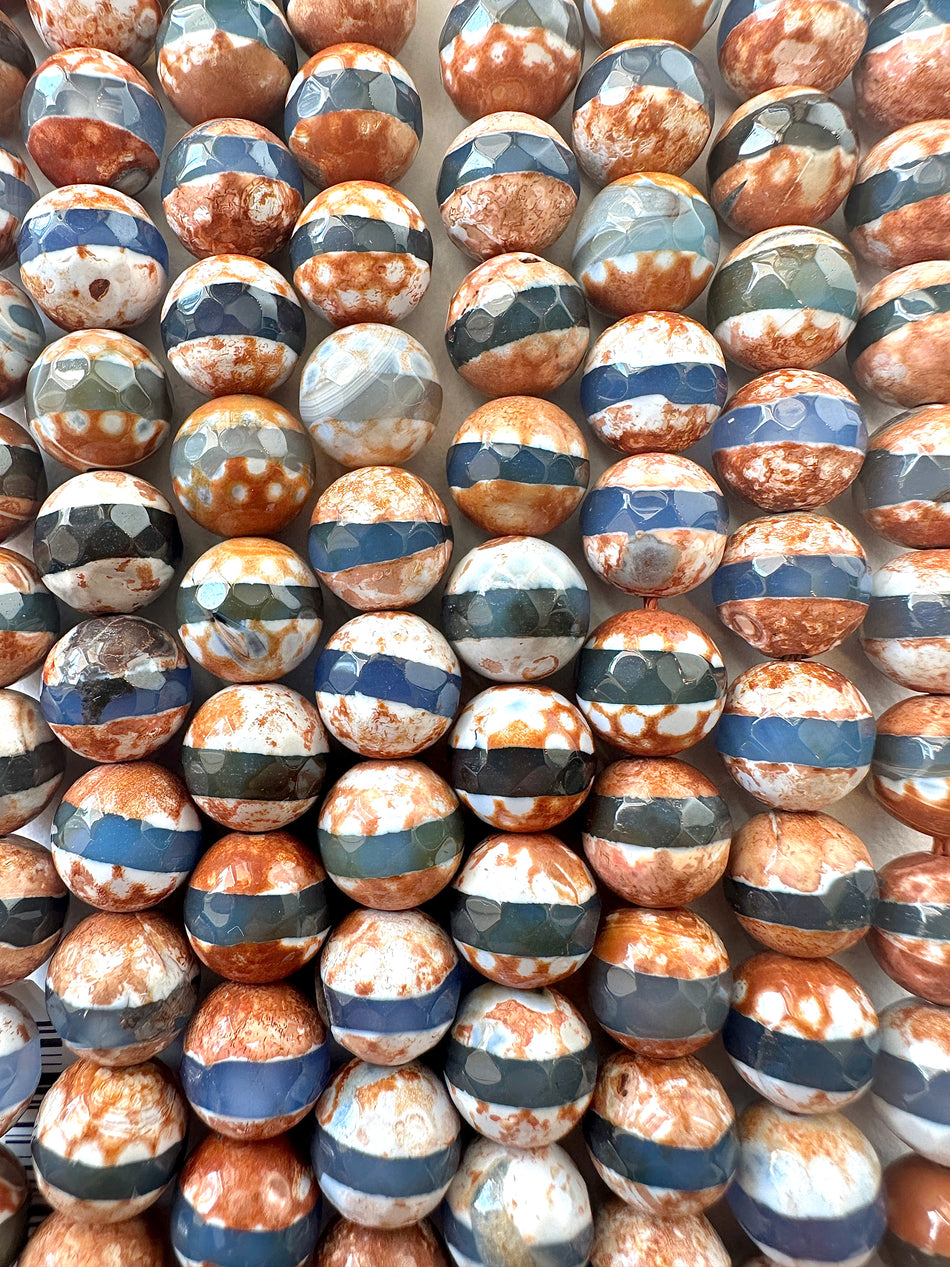 Faceted Round Blue & Brown Agate Strand, 10mm