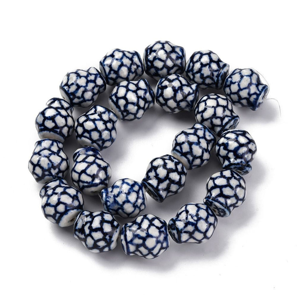 White and Blue Barrel Ceramic Bead Strand, 18mm