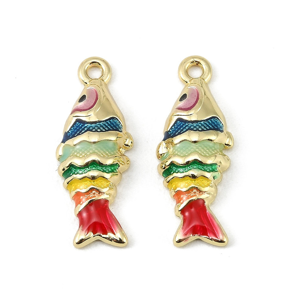 Gold-Plated Multicolor Fish Enamel Pendant 26mm, 2pcs