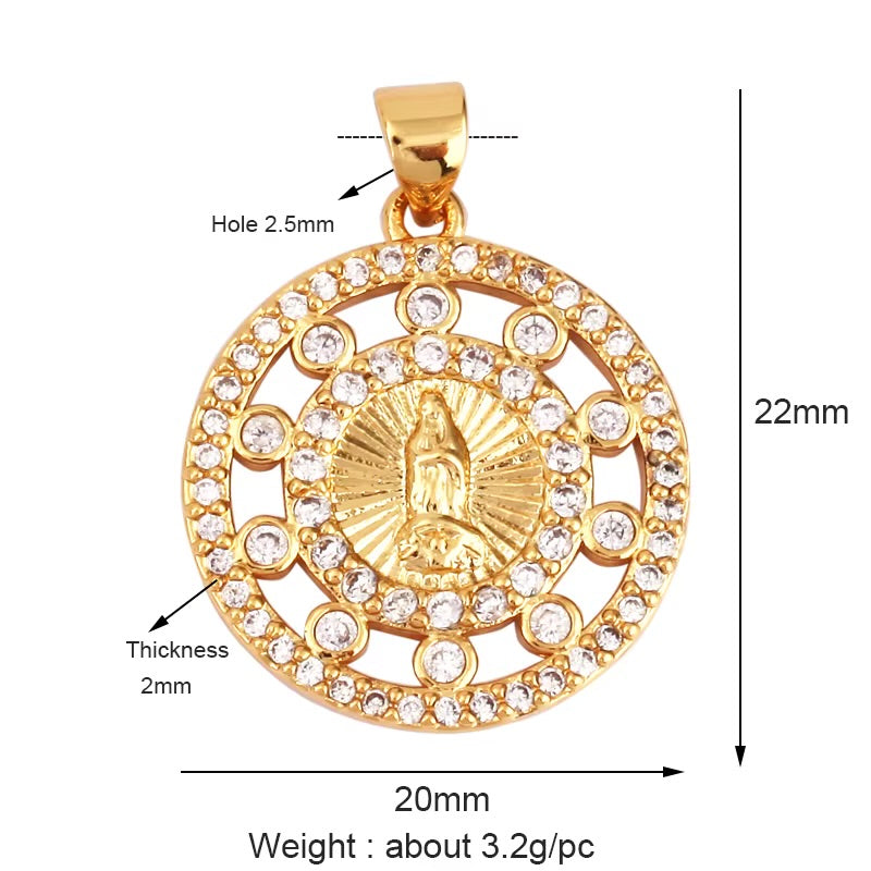 18k Gold Flat Round Virgin Pendant with Zirconia 22mm, 1pc