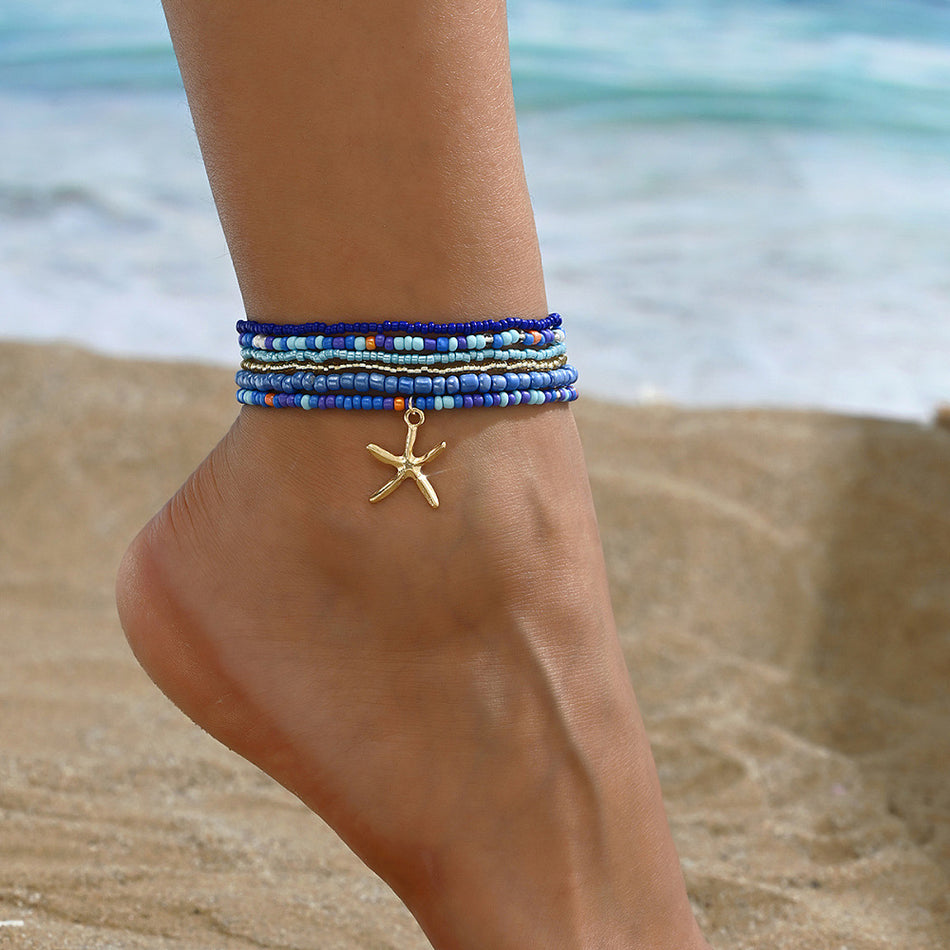 Glass Seed Bead Anklet with Starfish Charm, 6 pcs-Set