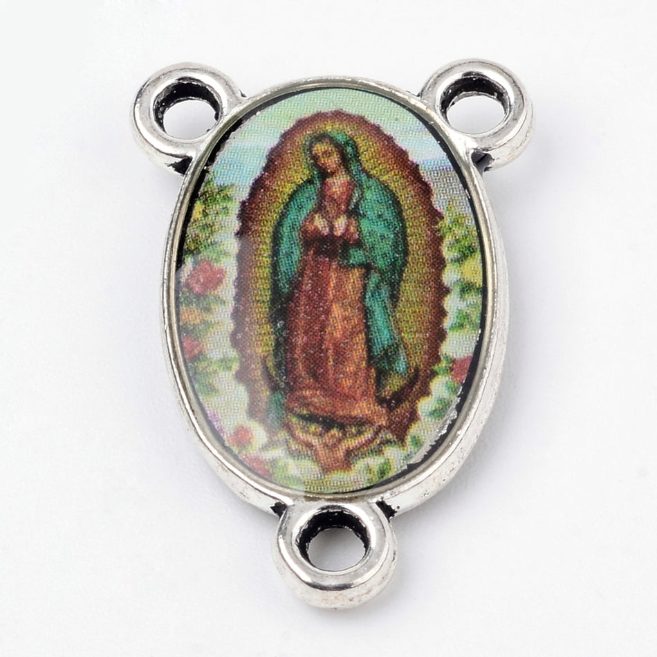 Silver Oval Rosary Center with Guadalupe Virgin 22mm, 2pcs
