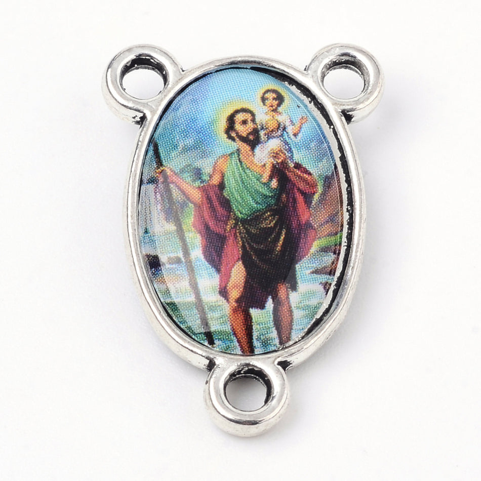 Silver Oval Rosary Center Joseph with Baby Jesus 22mm, 2pcs