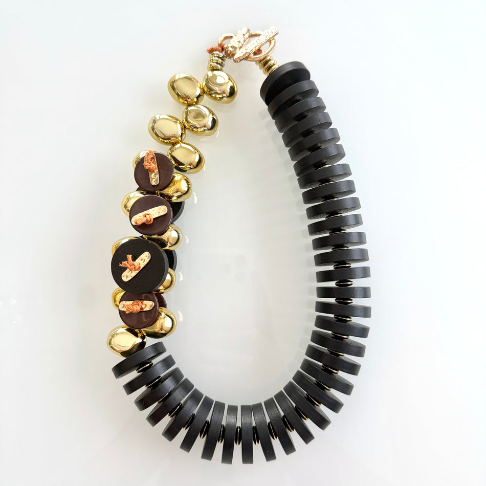 Statement Necklace featuring Rondelle Wood Beads and Gold Details, 20inch