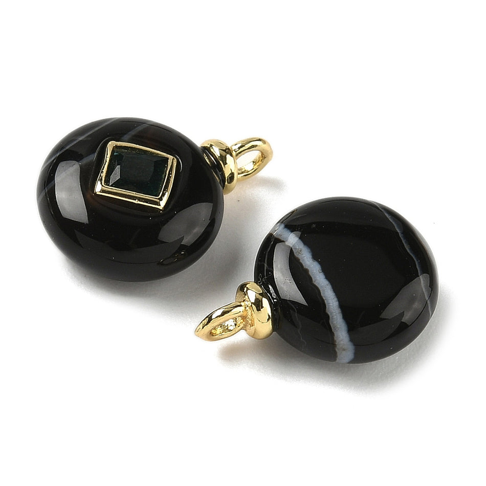 Natural Round Black Agate with Zirconia Pendant 18mm, 1pc