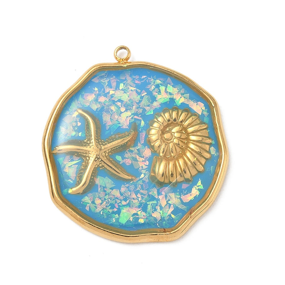 Stainless Steel with Blue Resin & Clam Starfish Pendant 28mm, 1pc
