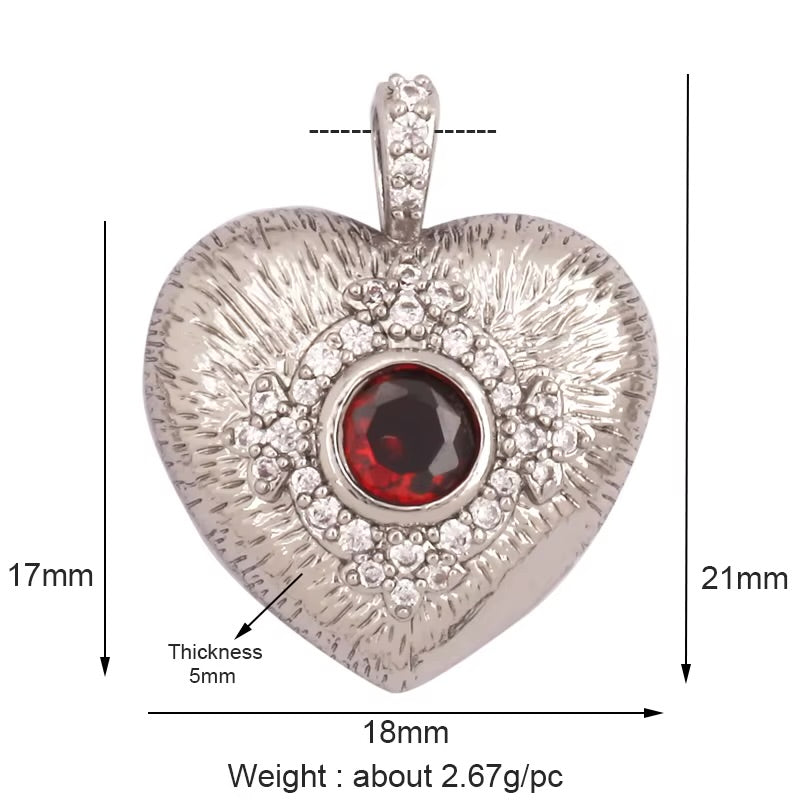 18k Silver Plated Heart Pendant With Red Zirconia 21mm, 1pc