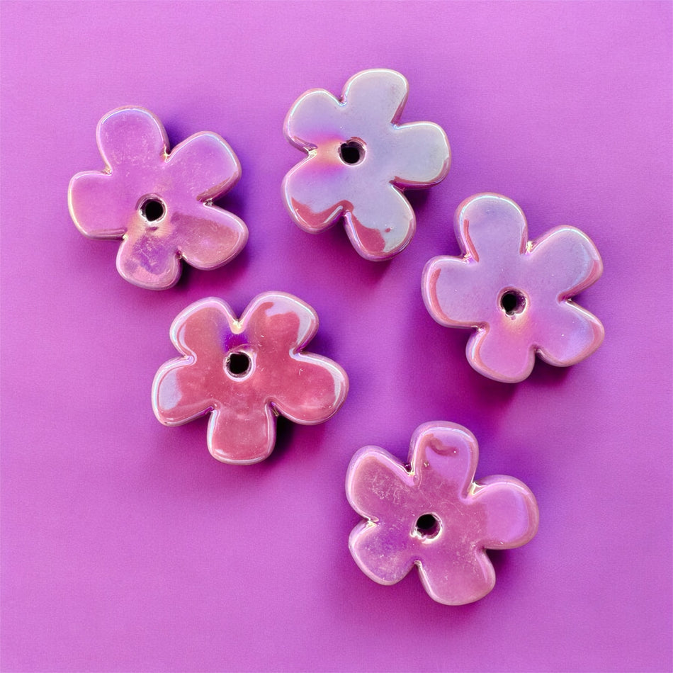 Electroplated Porcelain Flower Beads, 5pcs