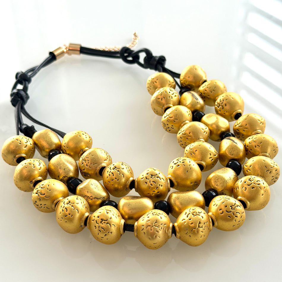 Statement Necklace featuring Gold Textured Beads and Black Cord, 23inch